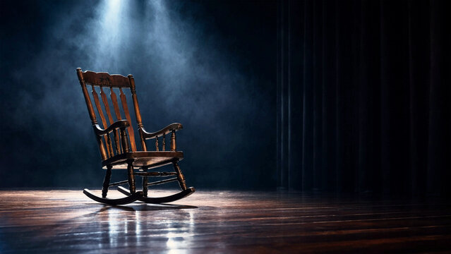 Empty wooden rocking chair on a dark stage with dramatic blue spotlight and moody atmosphere
