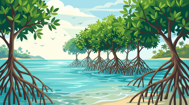 Vector illustration of a tropical mangrove forest in a coastal lagoon with clear blue water, visible prop roots, sandy shore, palm trees, and birds under a bright sunny sky.