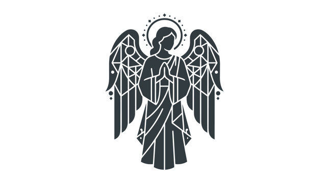 Minimalist geometric angel illustration with praying hands and halo.