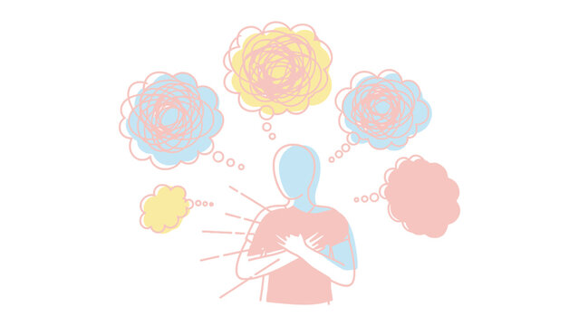 Anxious Thoughts Personified: An illustration depicts a person with their arms crossed over their chest, surrounded by a chaotic swirl of thought bubbles.