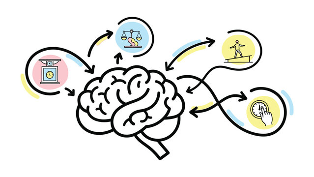 Brain Function and Decision Making: An illustration depicting a human brain surrounded by icons symbolizing decision making, weighing options, and time management.