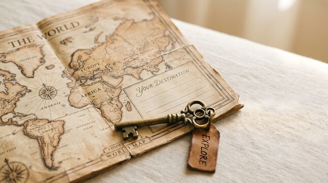 Concept of travel opportunities, discovery, and future planning featuring a brass key with an explore tag placed on an antique world map