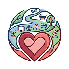 Fototapeta premium Layered red heart symbol entwined with green leaves blue vines growing seedling book wedding rings couple and family icons