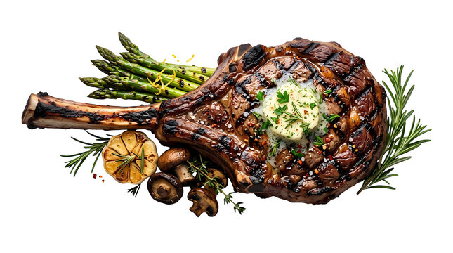 Grilled tomahawk steak with butter, herbs, asparagus, mushrooms, and garlic, isolated on png.