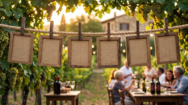 Six wooden rectangular frames hanging on a rustic rope at a vineyard winery event with rustic decor blank signs outdoor event vineyard party nature background event decoration wine tasting
