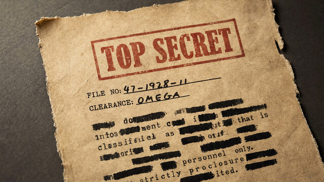 Top Secret classified document with redacted text on aged vintage paper texture.