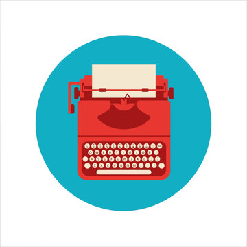 Red Vintage Typewriter Icon on Circular Blue Background