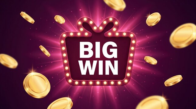 Big Win sign with falling gold coins and glowing lights for casino or lottery promotion.