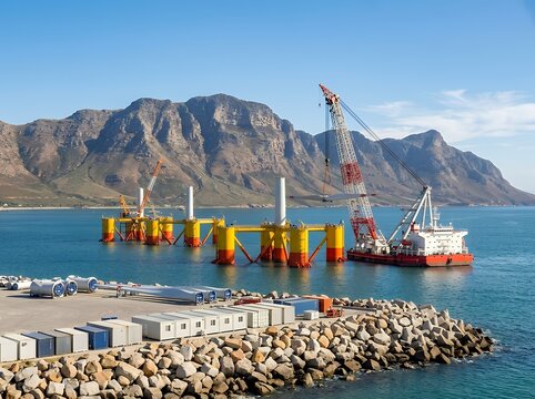 Offshore crane vessel at sea with platform near rocky coast