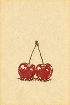 Vintage-style botanical illustration of two ripe red cherries with green stems on a textured cream paper background.