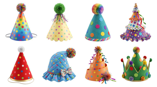 Collection of colorful festive party hats with polka dot patterns isolated on transparent background