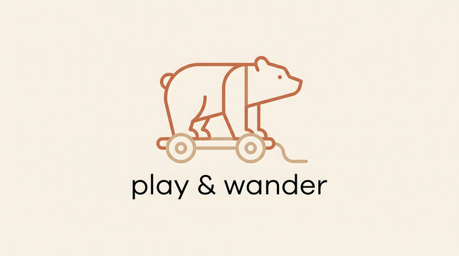 Minimalist bear pull toy illustration with wheels and string, gradient brown outline, and text &ldquo;play & wander.&rdquo; Logo design symbolizing childhood, toys, and exploration