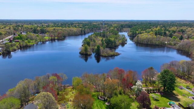Norton Reservoir aerial view in spring in town of Norton, Bristol County, Massachusetts MA, USA. 