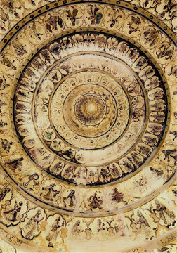 View of the intricate circular ceiling fresco featuring concentric rings of painted figures and floral patterns inside the historic Gori Temple in Nagarparkar, Sindh, Pakistan.