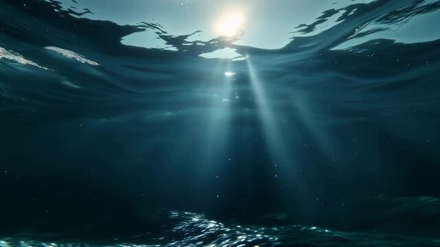 Underwater ocean surface with sunlight rays, bubbles and deep blue sea background