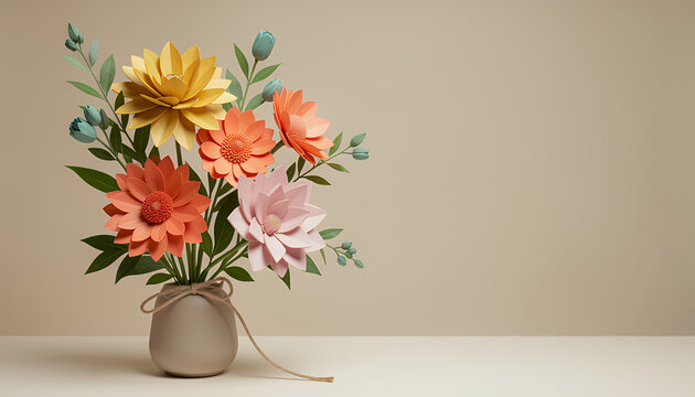 Paper flower bouquet in vase - handmade floral decor still life
