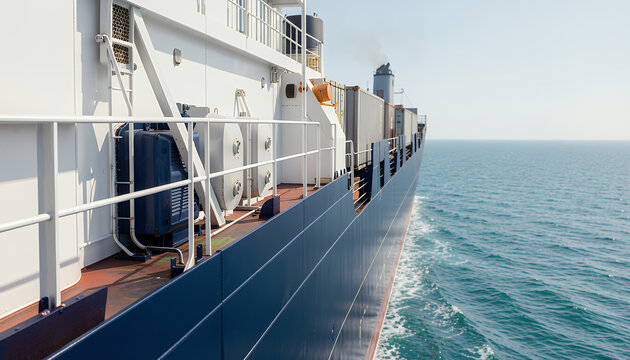 Ship deck view at sea with railing and blue ocean horizon