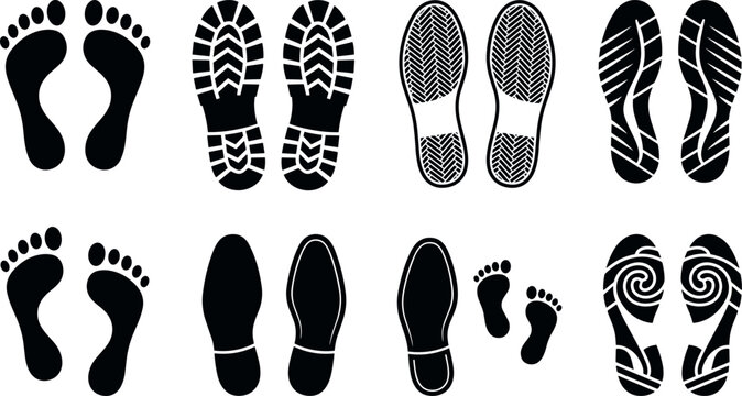 Human Footprint and Shoe Sole Print Silhouette Collection with Sneaker Tread Patterns Barefoot Tracks and Boot Imprints for Investigation Graphic Designs