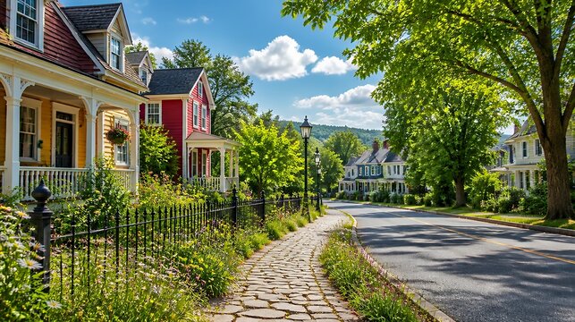 Colorful suburban street with tree-lined houses and cobblestone sidewalk on sunny day