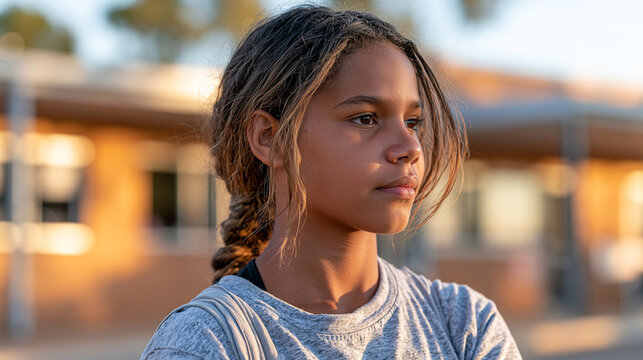 Indigenous teenage student looking thoughtfully toward the camera outside a school building, sunset background, education and cultural identity, authentic youth portrait, with