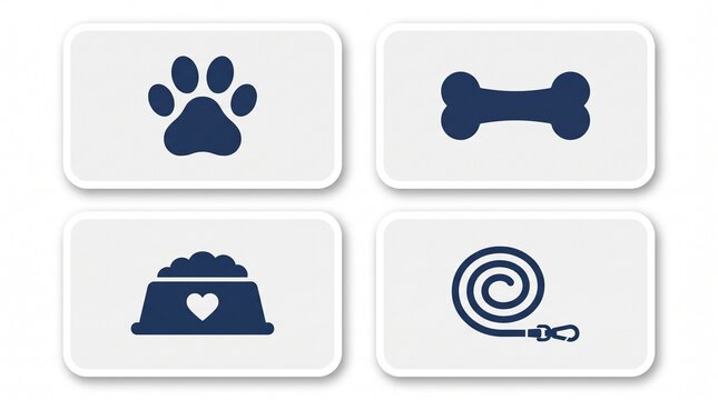 Four pet-related icons featuring a paw print, bone, food bowl, and coiled leash, representing dog care and accessories.