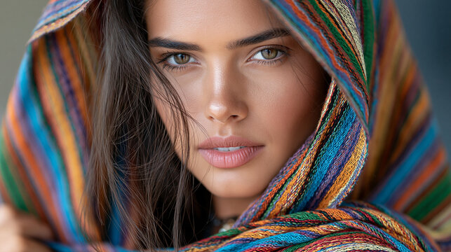 Close-up portrait of an Indigenous woman wearing colorful traditional-inspired textiles and handcrafted jewelry, detailed facial features, studio lighting, respectful cultural