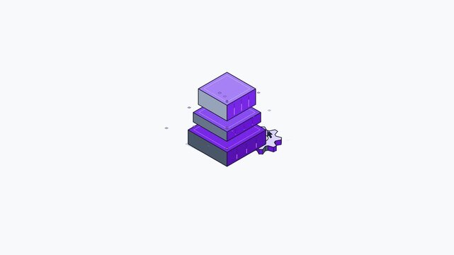 Isometric server stack with interactive gear icon for digital data storage
