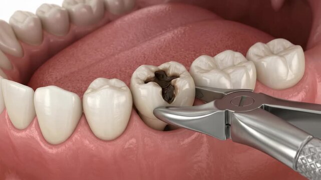 Dental forceps extracting a decayed molar causing toothache pain