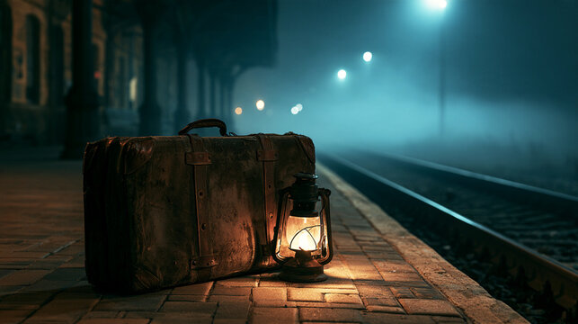 Vintage suitcase and lantern on a foggy train platform at night