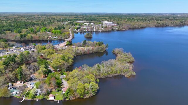 Norton Reservoir aerial view in spring in town of Norton, Bristol County, Massachusetts MA, USA. 