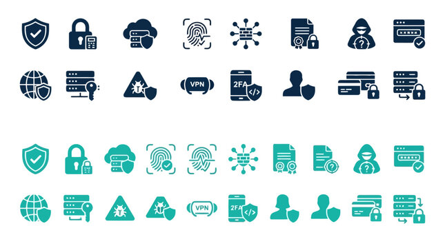 Cybersecurity and data protection vector icons set, digital security symbols.