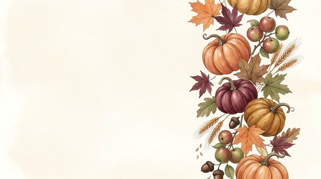 Autumn harvest border with pumpkins and fall leaves
