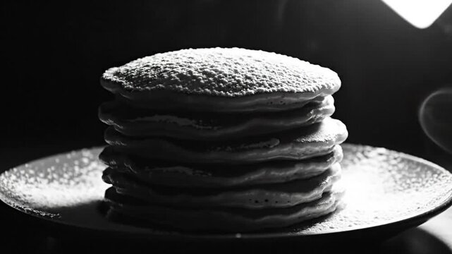 Black and white close up of a stack of fluffy pancakes dusted with powdered sugar and steaming