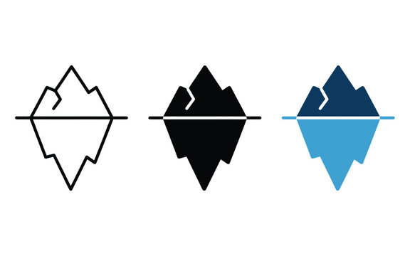 Iceberg icon set showing underwater section and mountain tip with mountain environment reflection