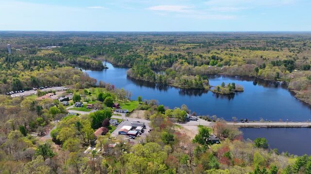 Norton Reservoir aerial view in spring in town of Norton, Bristol County, Massachusetts MA, USA. 