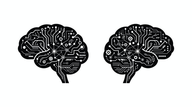 Two human brains with circuit patterns black silhouette