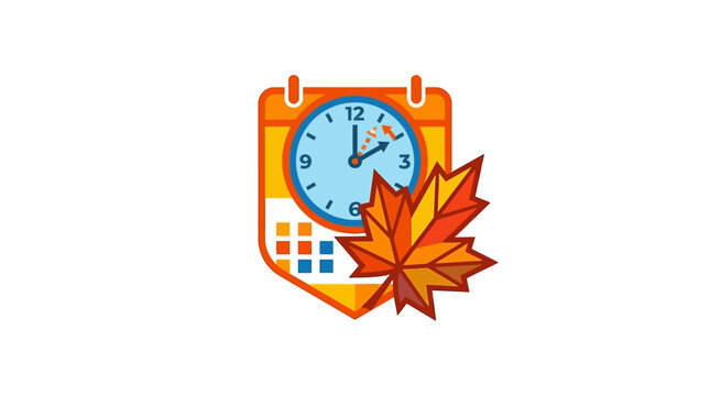 Autumn time change concept icon with calendar clock and maple leaf.