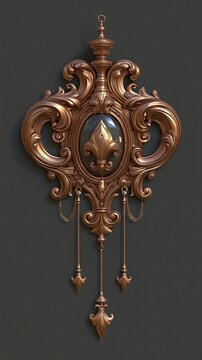 Ornate baroque style decorative wall ornament crafted from polished bronze with intricate carved scrolling patterns and fleur de lis motif on dark gray background