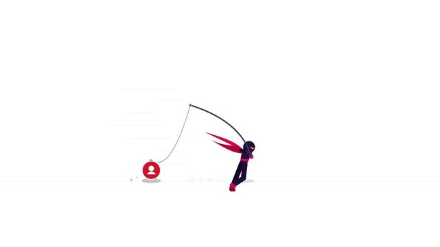 A 2D flat animation of a stylized ninja character pulling a red icon.
