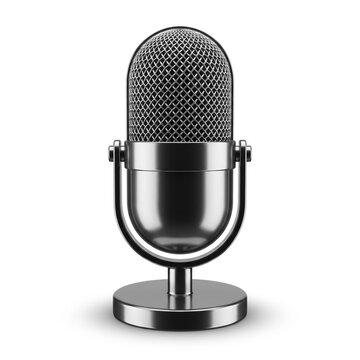 Vintage silver microphone on stand, classic chrome studio mic for podcasting, retro vocal recording equipment on white background