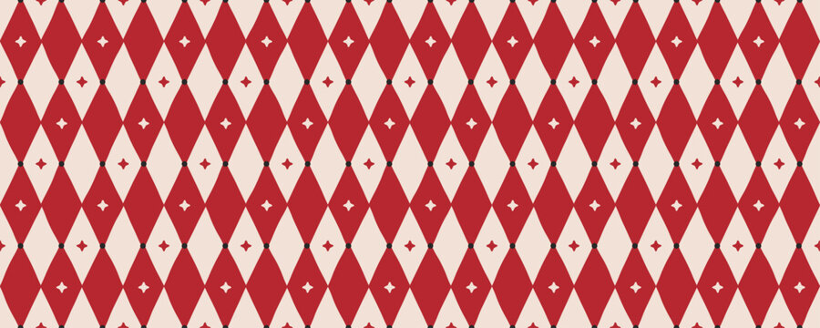 Red Circus Irregular Argyle Seamless Pattern with Star. Harlequin rhombus background. Geometric masquerade ornament. Holiday festival. Print for wrapping paper, fabric and textile. Vector illustration