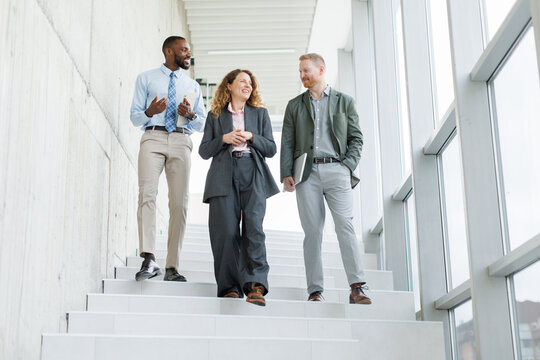 Business colleagues discuss success walking down office stairs