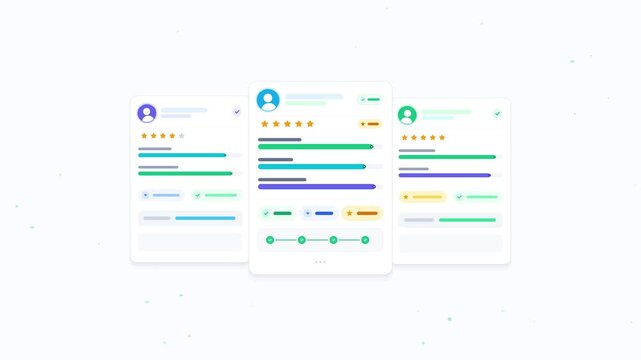 UI animation showing customer satisfaction review cards with star ratings