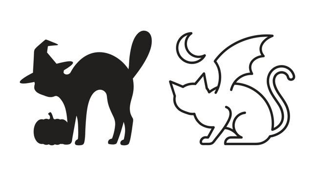 Black cat wearing a witch hat with pumpkin dark silhouette