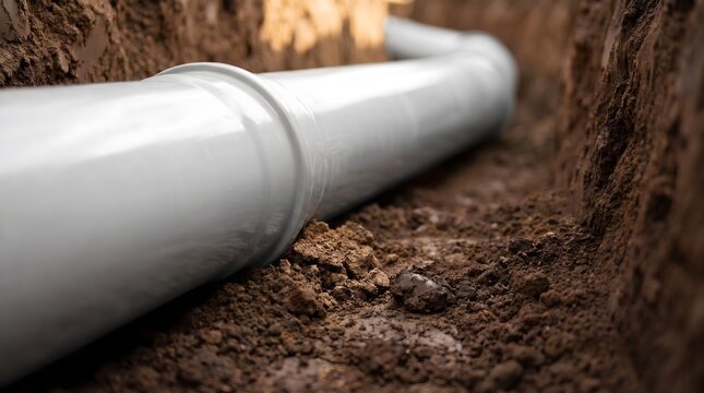 White underground plastic pipe installed in a deep soil trench at a construction site for municipal water supply and utility infrastructure development project.