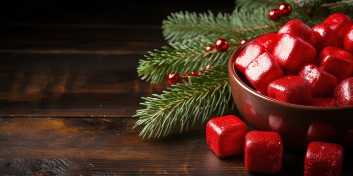 A bowl of red candies next to a sprig of pine with red berries on a rustic wood background