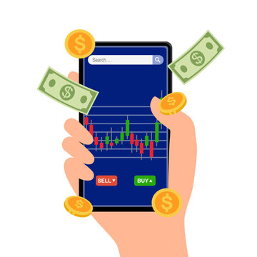 Hand-holding mobile phone with financial app on screen to buy or sell shares of stock market, Profit from currency exchange services, Investment concept, Stock trading strategy