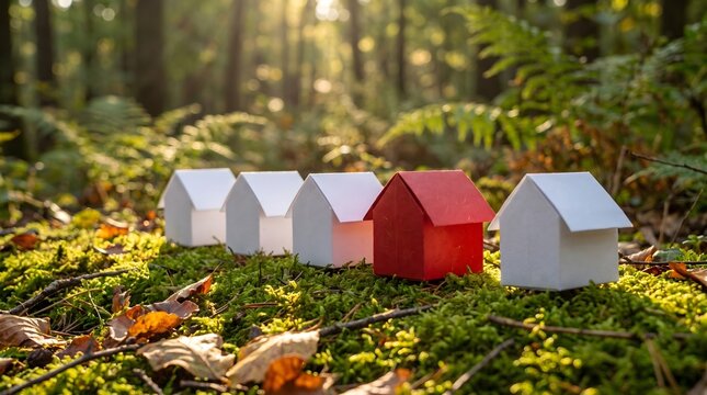 Small white and red paper house models sitting in a row on green moss in a sunny woodland for real estate investment and eco-friendly property choice