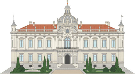 Fototapeta premium Historic European Palace Building with Classical Architecture Front Elevation Vector Illustration
