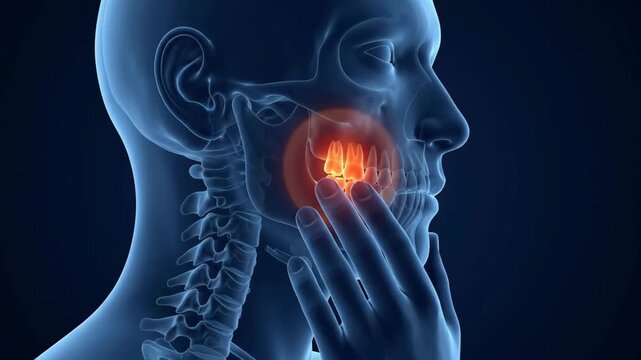 Anatomical 3d model showing intense toothache and dental jaw pain